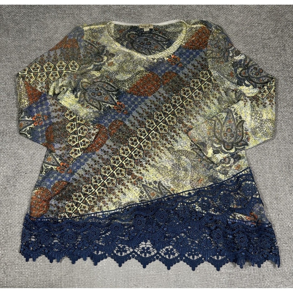 One‎ World Top Womens 1X Paisley Lace Trim Boho Artsy